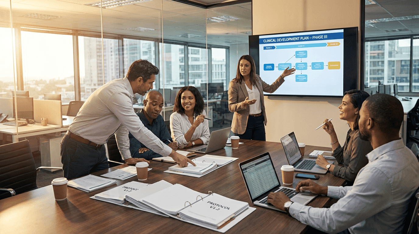 A clinical development team in a modern pharmaceutical office reviews a development plan on a wall-mounted screen, surrounded by protocol documents and regulatory binders