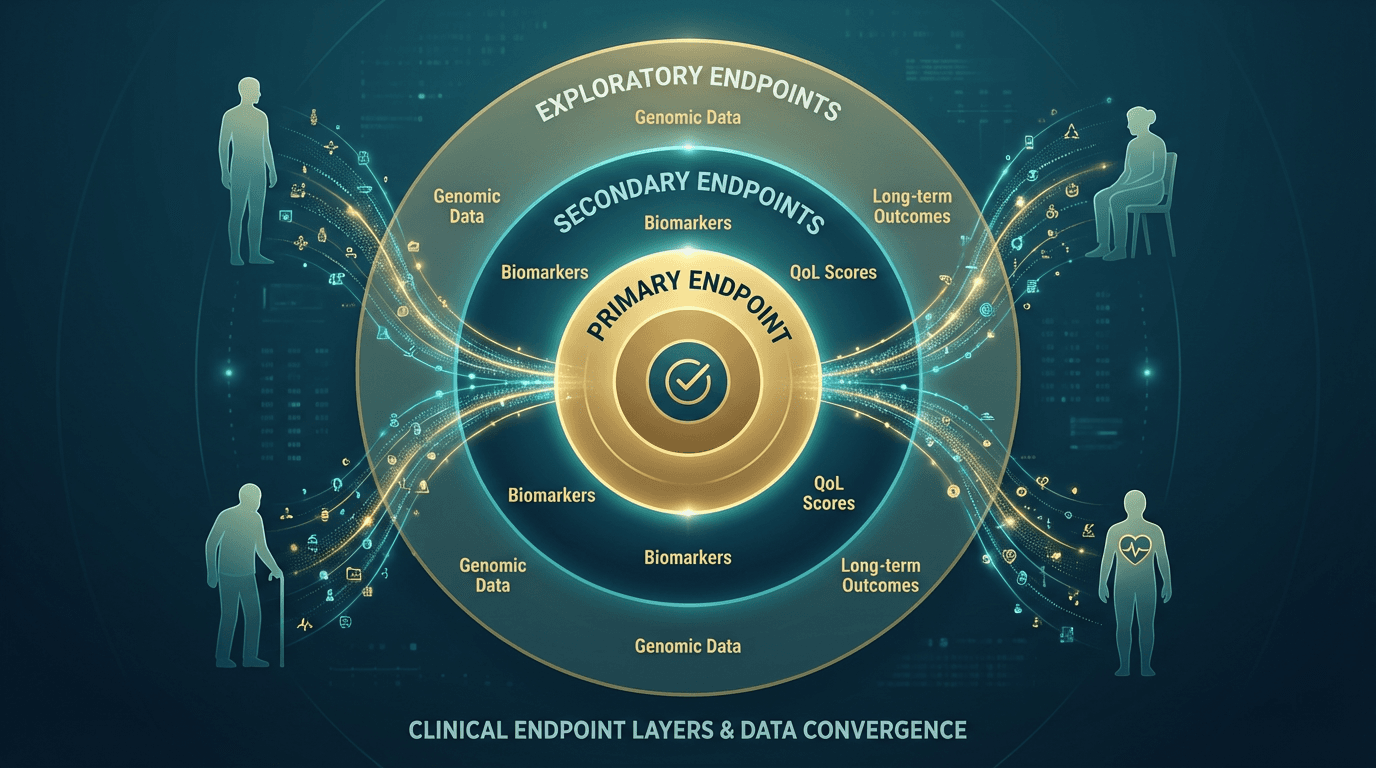 Illustrated target visualization with concentric rings representing primary, secondary, and exploratory clinical endpoints, with data streams flowing inward from patient figures around the circumference