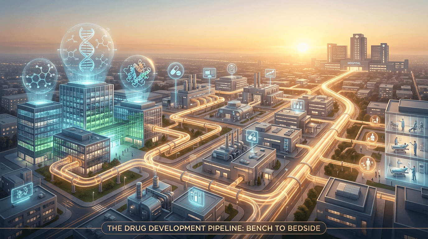 Illustrated aerial view of the drug development enterprise depicted as an interconnected cityscape spanning from discovery labs with molecular structures to manufacturing facilities to a hospital, connected by glowing pathways