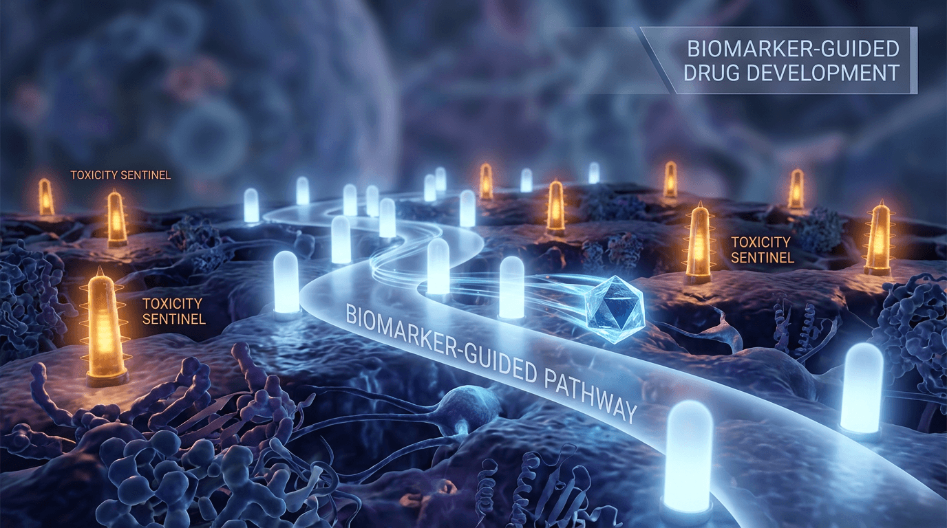 Illustrated molecular landscape with glowing biomarker beacons guiding a drug molecule along its development pathway, with amber sentinel lights indicating toxicity markers