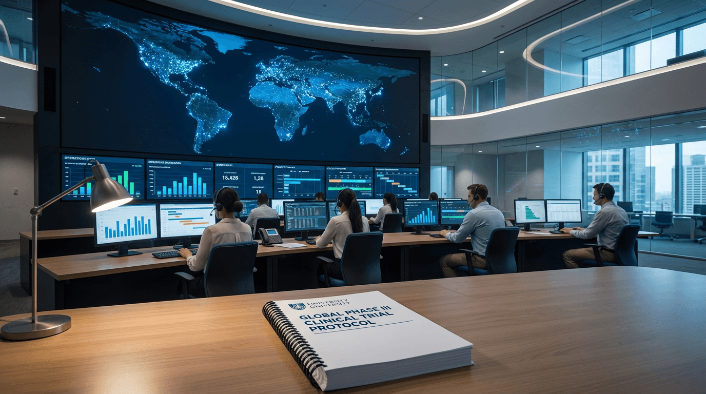 A clinical trial operations war room with a curved video wall displaying a global map of active Phase III trial sites across continents, with operations staff monitoring enrollment dashboards