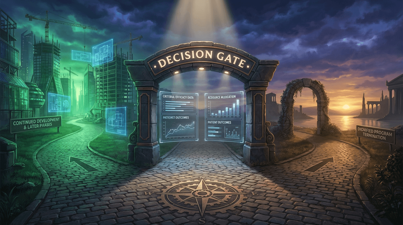 Illustrated fork in the road at a go/no-go decision point, with a green-lit path leading to continued development and an amber path toward program termination, framed by a decision gate displaying evaluation criteria