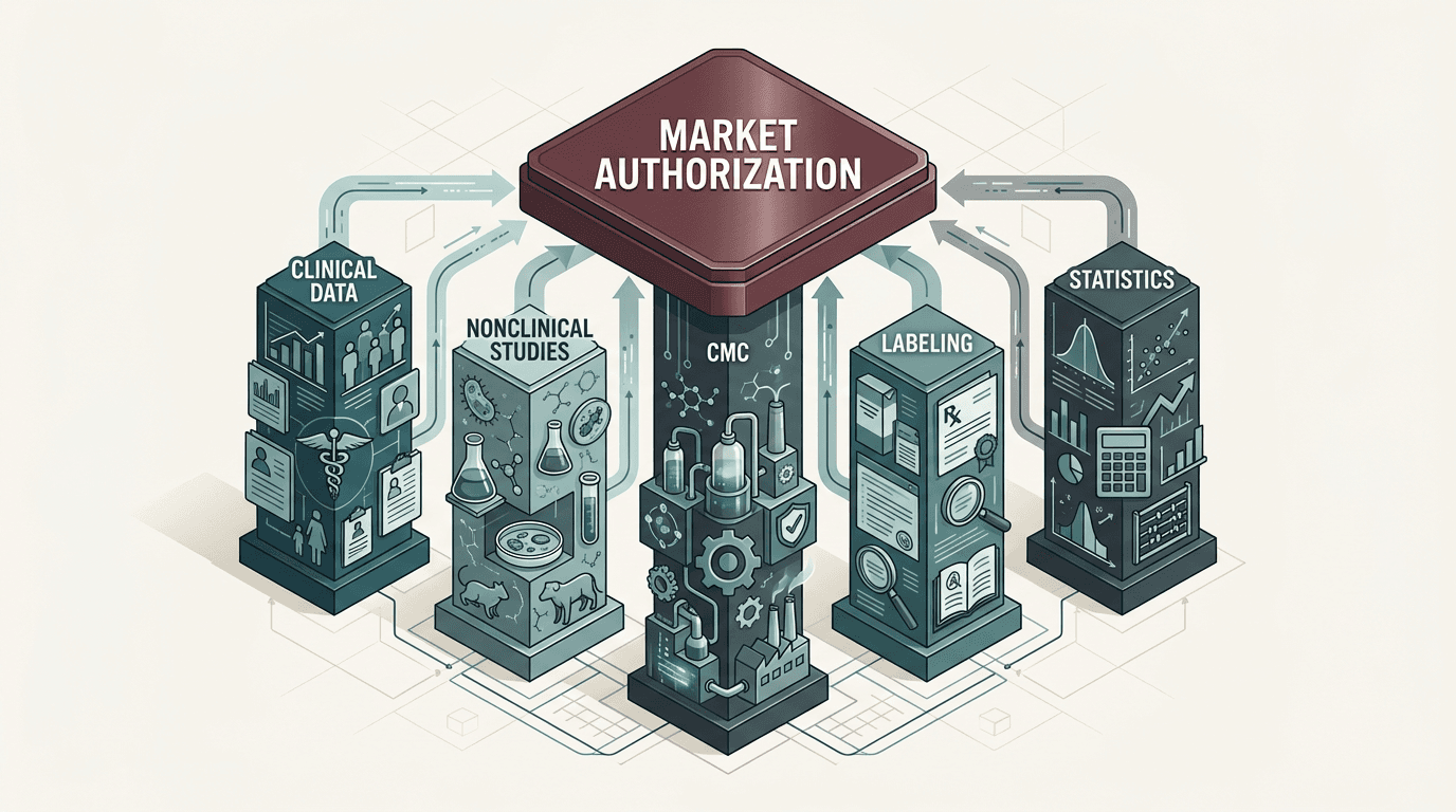 The evidence pillars supporting a market authorization request