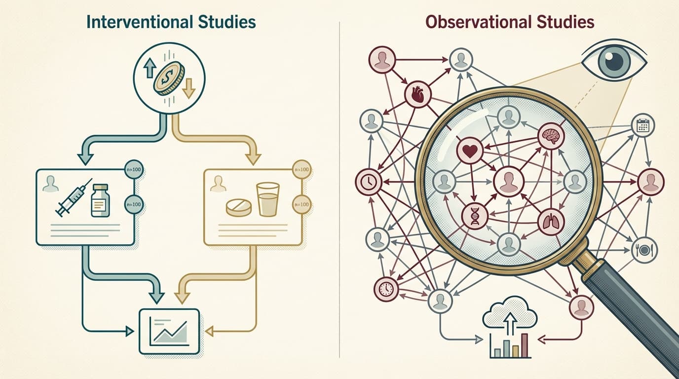 A sophisticated split-screen technical medical illustration. On the left, representing 'Interventional Studies': a schematic flowchart showing a rando