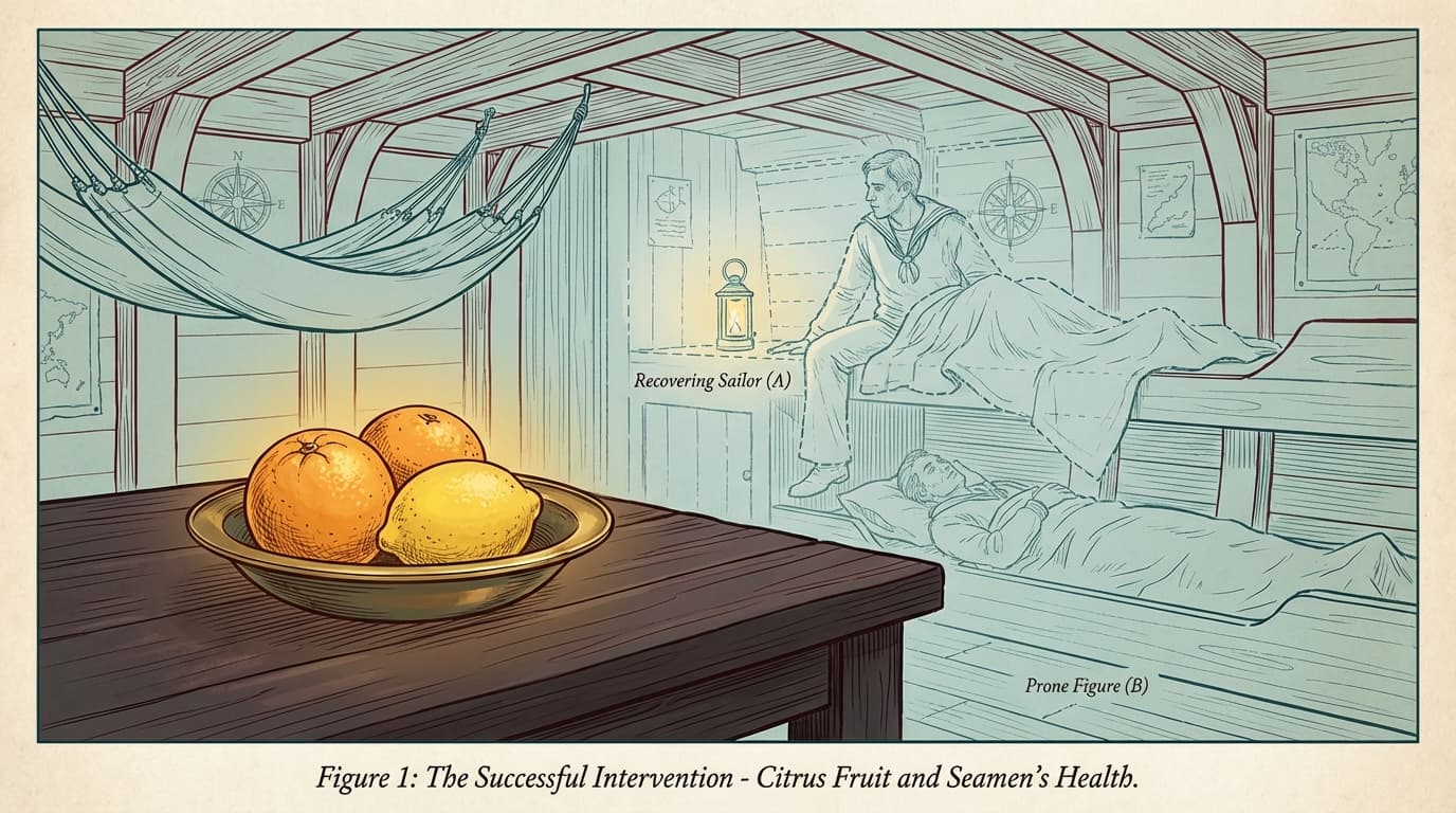 A professional, narrative-style academic illustration set inside the quarters of a British naval vessel. The scene focuses on a wooden table containin