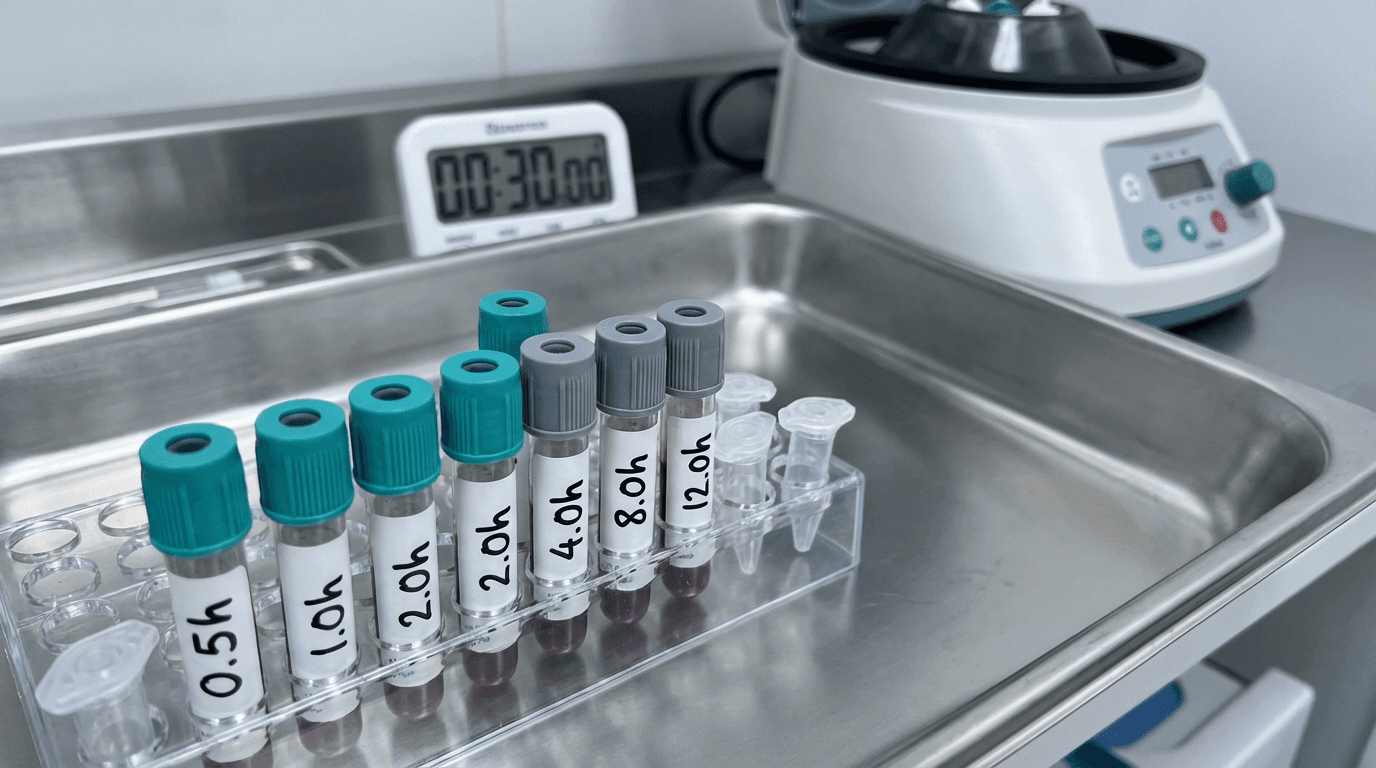 Timed blood samples are collected throughout Phase I trials to map the drug's absorption and elimination (pharmacokinetics).