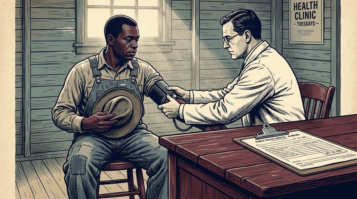 Medical intake procedures during the Tuskegee Study, conducted in rural makeshift clinics.