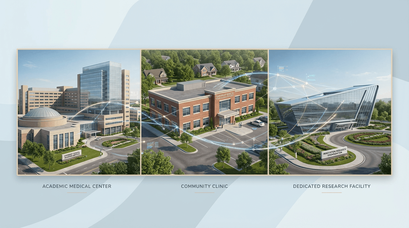 Conceptual illustration showing three distinct clinical research work environments side by side connected by subtle lines representing their shared mission