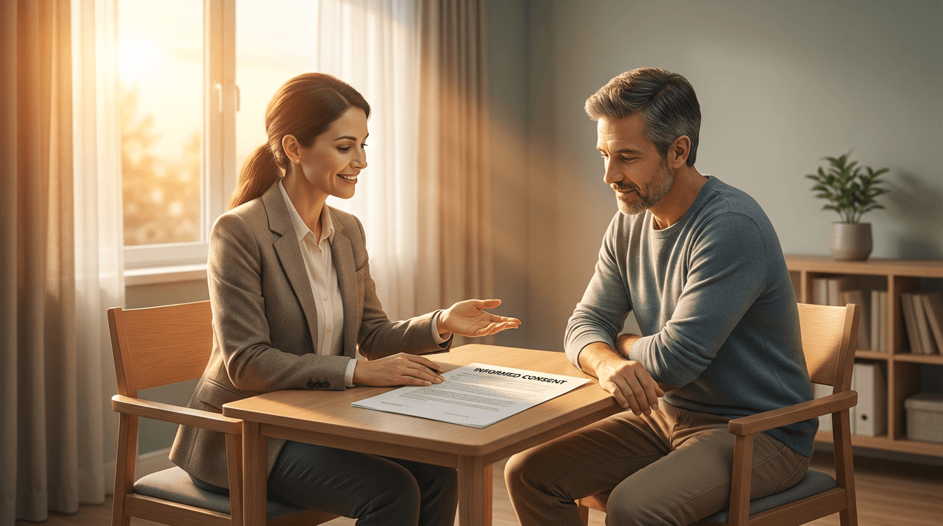Conceptual illustration of a coordinator and participant in a warmly lit consultation room conveying trust and genuine human connection