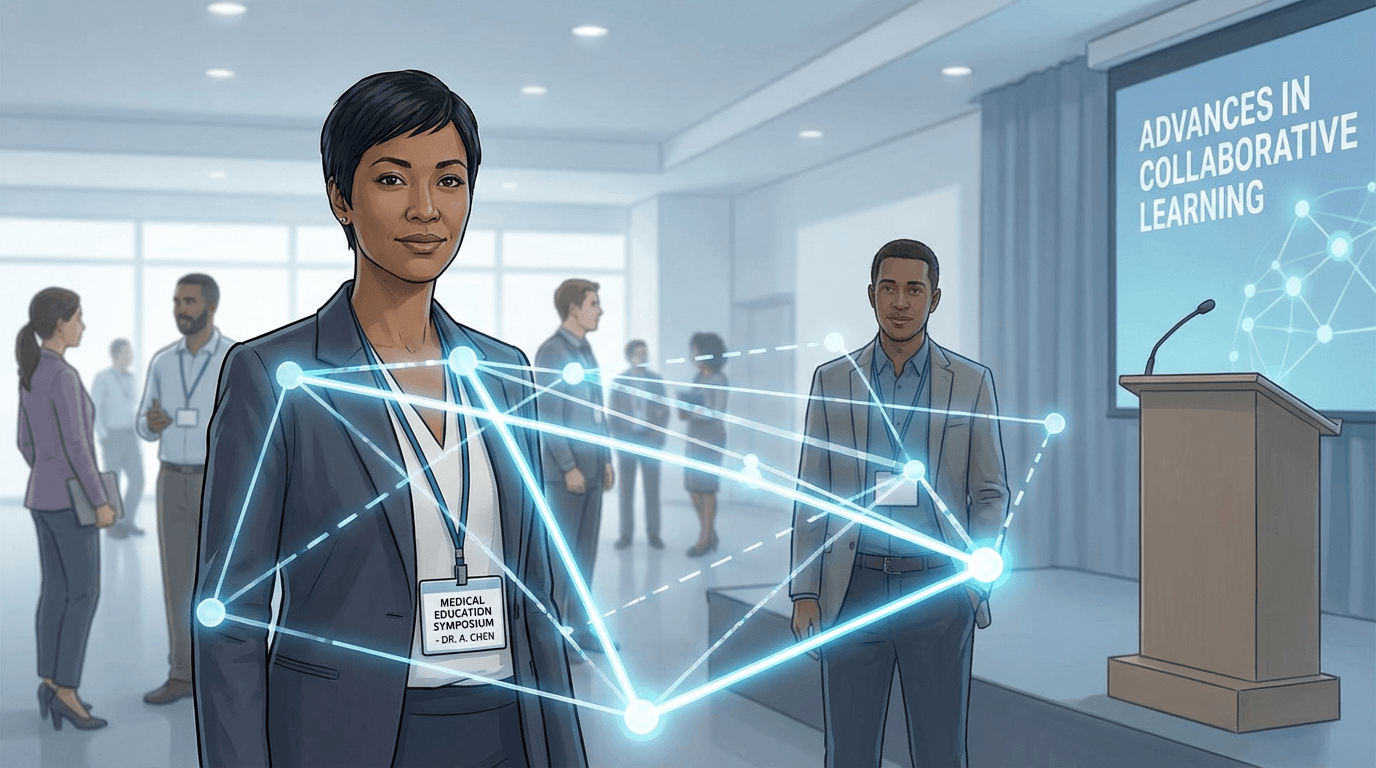 Conceptual illustration of a professional at a conference with glowing network connections extending to other attendees, conveying professional networking