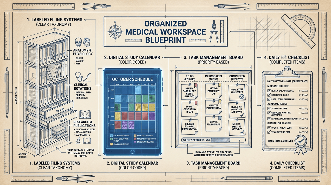 Conceptual illustration of a meticulously organized workspace rendered with blueprint-like precision showing filing systems, calendar, task board, and checklists