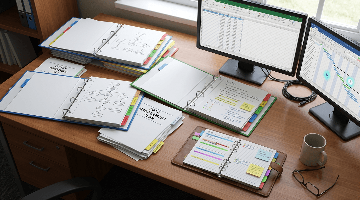 Conceptual illustration of a coordinator's desk from above showing multiple study binders, layered protocols, and multi-screen displays conveying controlled complexity