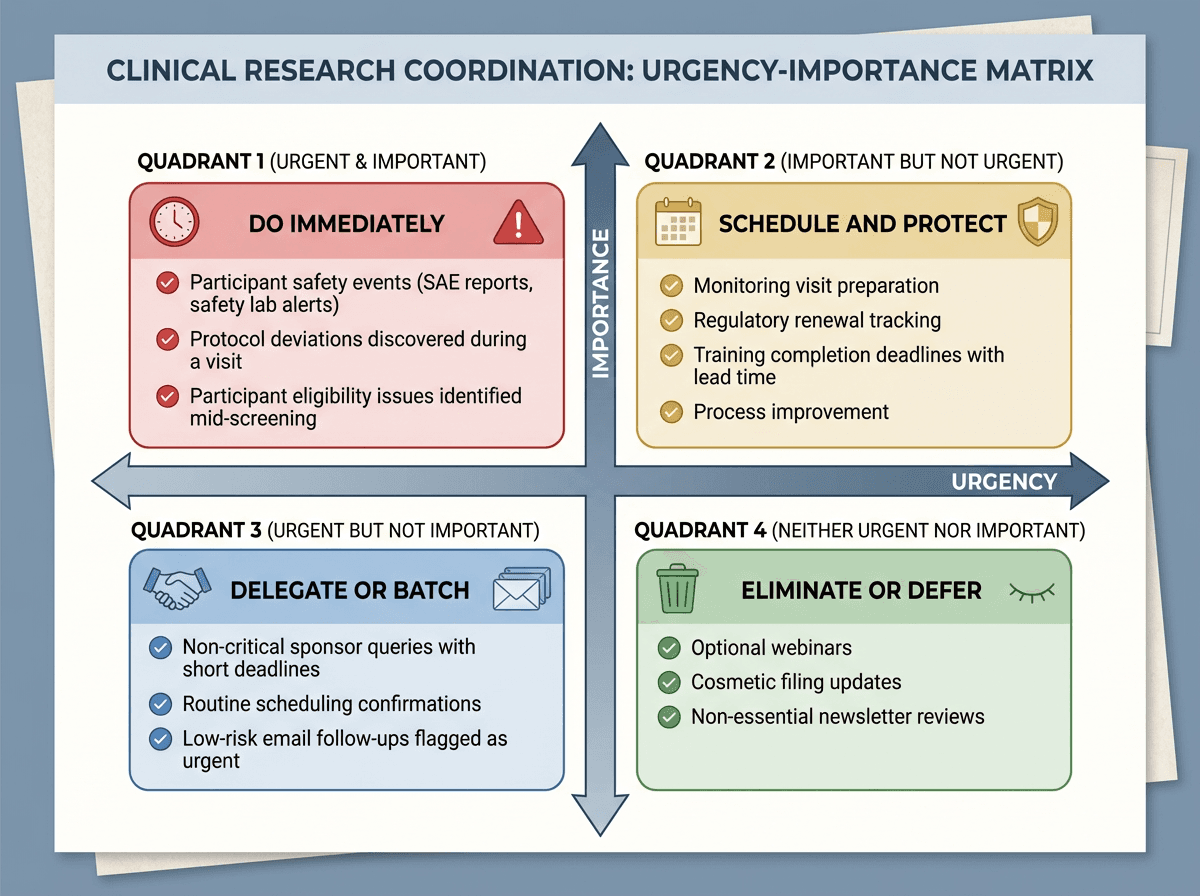 A four-quadrant urgency-importance matrix adapted for CRC work. The upper-left quadrant (urgent and important) shows safety events, deviations, and eligibility issues with the action label 'Do immediately.' The upper-right quadrant (important but not urgent) shows monitoring visit preparation, regulatory renewals, and training deadlines with the label 'Schedule and protect.' The lower-left quadrant (urgent but not important) shows non-critical queries and routine confirmations with the label 'Delegate or batch.' The lower-right quadrant (neither urgent nor important) shows optional webinars and cosmetic updates with the label 'Eliminate or defer.'