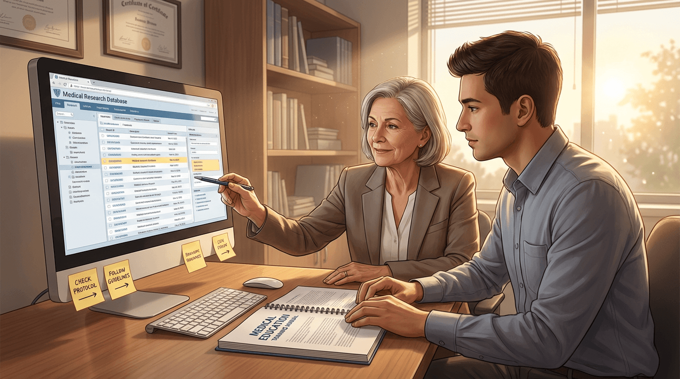 Conceptual illustration of a mentor and new coordinator at a shared workstation with training manual and guidance notes in warm afternoon light