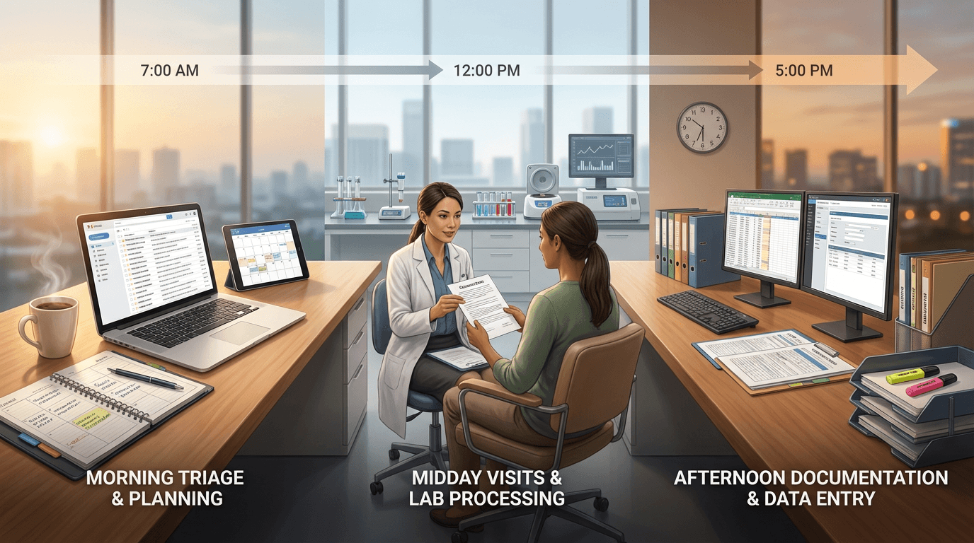 Panoramic illustration depicting a coordinator's full day from morning to evening connected by a continuous desk surface under progressing daylight