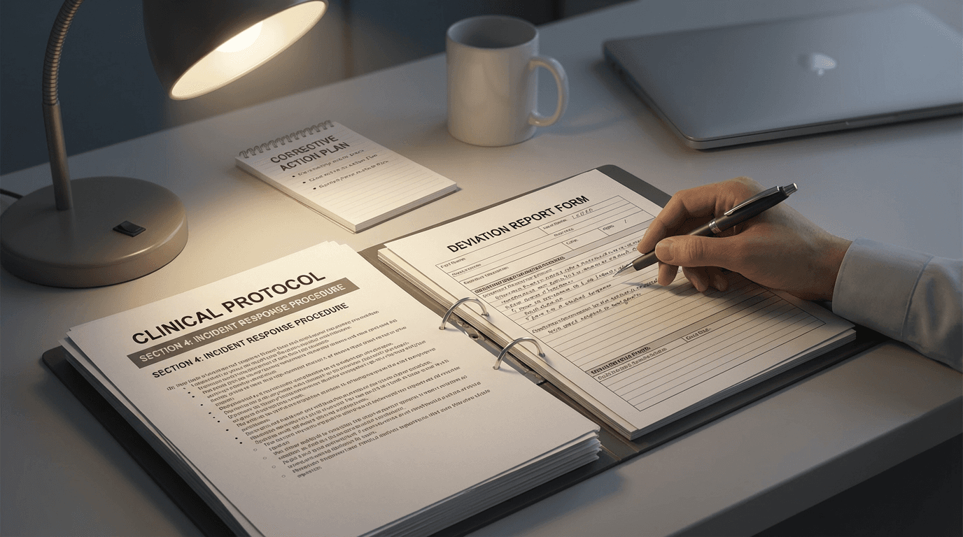 Conceptual illustration of a desk during deviation documentation with a report being completed, corrective action plan, open protocol, and focused task lighting