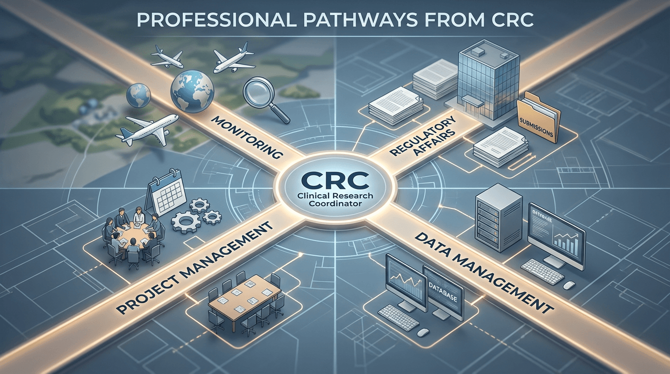 Conceptual illustration of a professional crossroads from above with career paths diverging from a CRC position toward monitoring, regulatory, project management, and data management