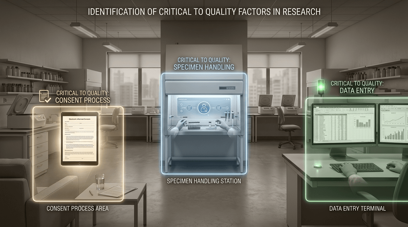 Conceptual illustration of a research site with critical processes highlighted while surrounding elements remain muted, representing Critical to Quality factors