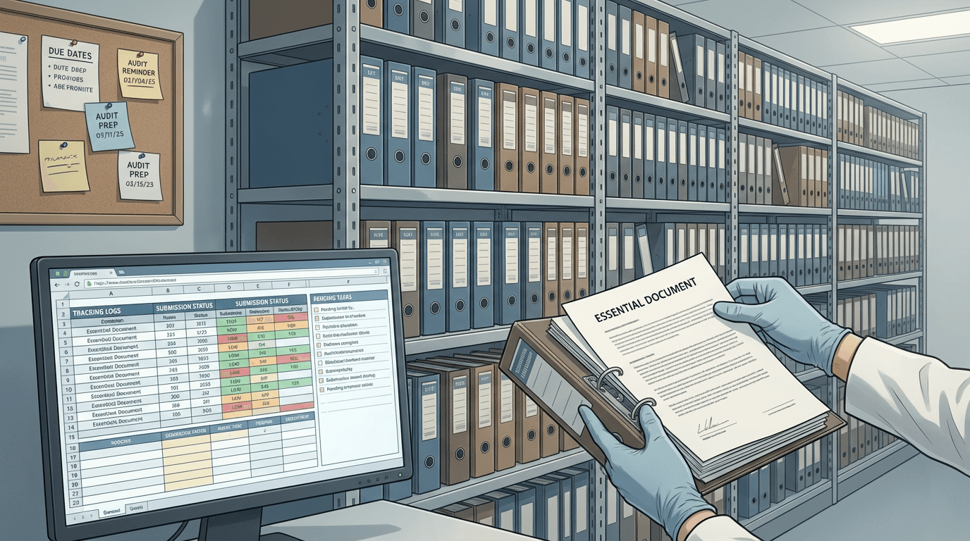 Conceptual illustration of an extensive clinical research filing and tracking system with binders, spreadsheets, and hands carefully organizing documents