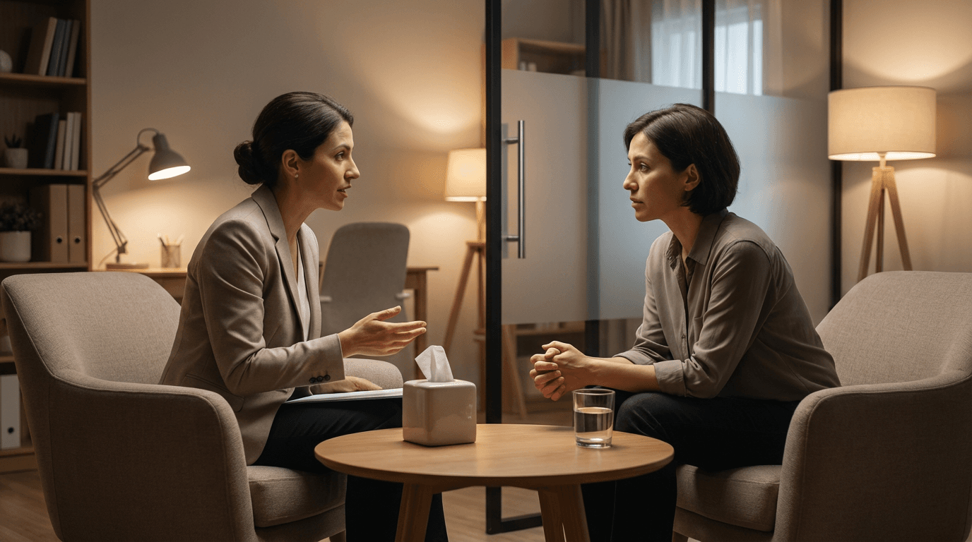 Conceptual illustration of two people in a sensitive conversation with attentive body language and warm lighting conveying empathy within professional boundaries