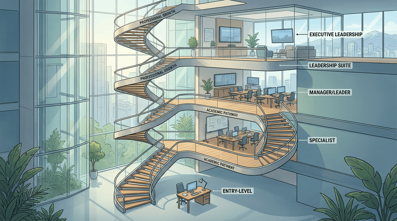 Conceptual illustration of an ascending staircase representing the CRC career ladder from entry-level desk to leadership suite with panoramic views