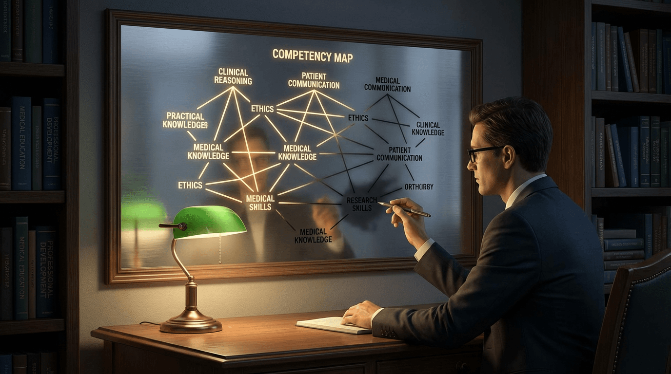 Conceptual illustration of a professional gazing into a reflective surface showing a competency map with bright and shadowed areas, conveying honest self-assessment