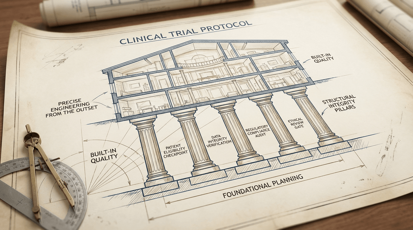 Conceptual illustration of a clinical trial as an architectural blueprint with quality checkpoints as structural pillars and drafting tools