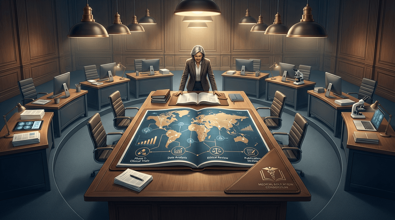 Conceptual illustration of a lead coordinator at a large table with studies spread like a strategic map and team workstations radiating outward