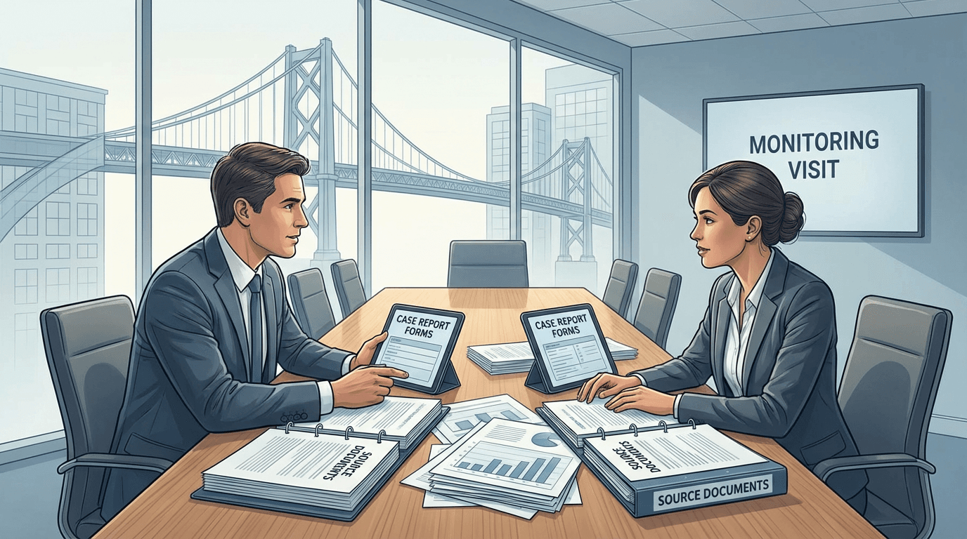 Conceptual illustration of a coordinator and monitor in collaborative discussion during a monitoring visit with study documents between them