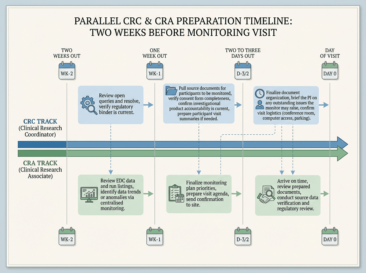 A dual-track timeline diagram showing CRC and CRA monitoring visit preparation activities running in parallel over two weeks. The CRC track shows query resolution and regulatory binder review at two weeks out, source document preparation and consent verification at one week out, and document finalization with PI briefing at two to three days out. The CRA track shows EDC data review at two weeks out, monitoring plan and agenda preparation at one week out, and on-site verification activities on the day of the visit.