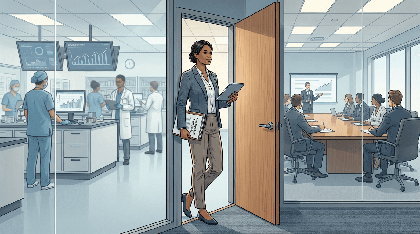 Conceptual illustration of a coordinator standing in a doorway between research operations and an executive meeting room, holding a proposal, bridging operations and leadership