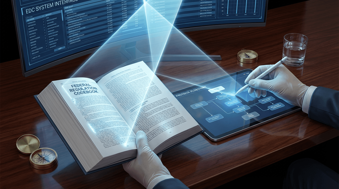 Conceptual illustration of professional hands working across regulatory documents, protocol flowcharts, and electronic data systems representing CRC technical competencies