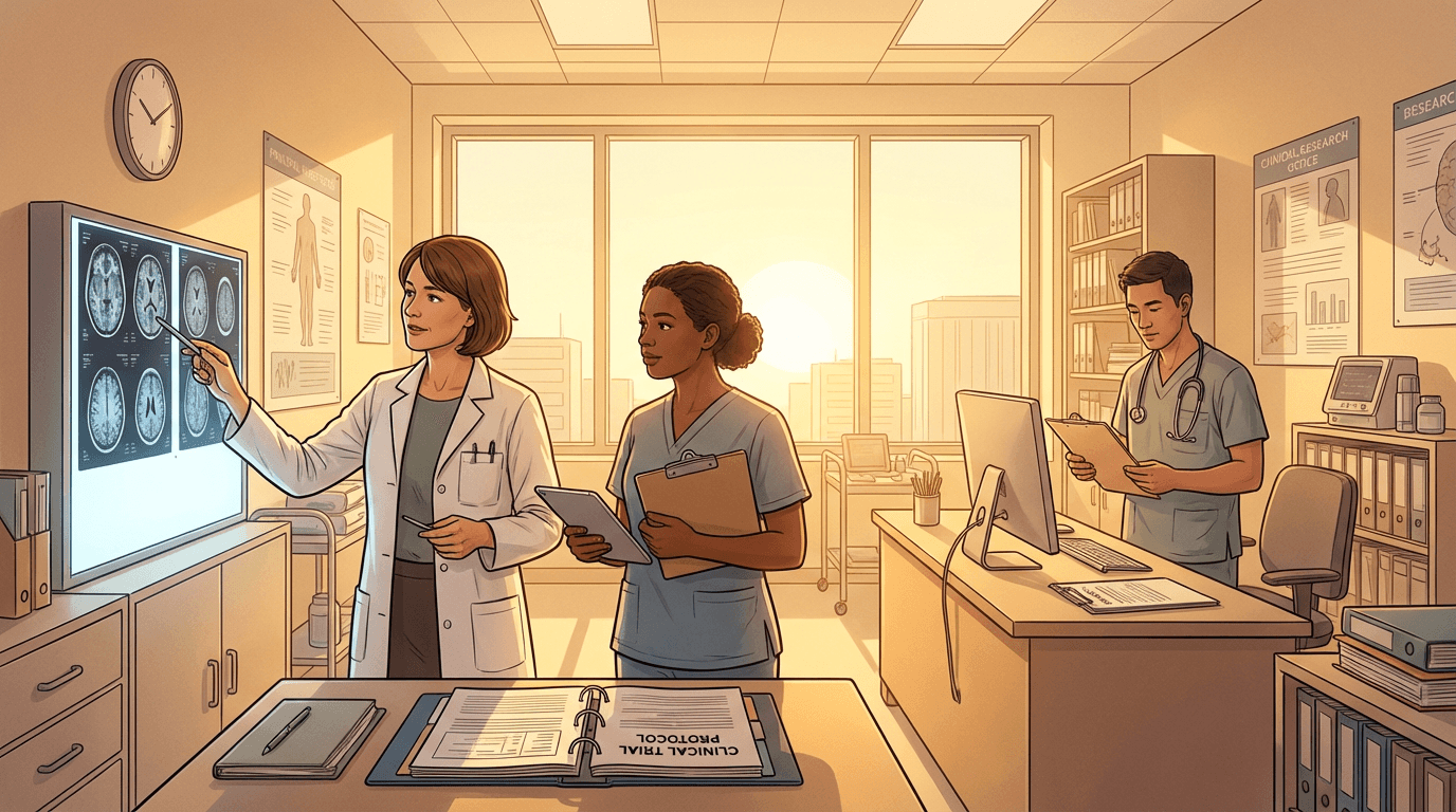 Conceptual illustration of a clinical research team working together in a morning-lit office with investigator, coordinator, and sub-investigator