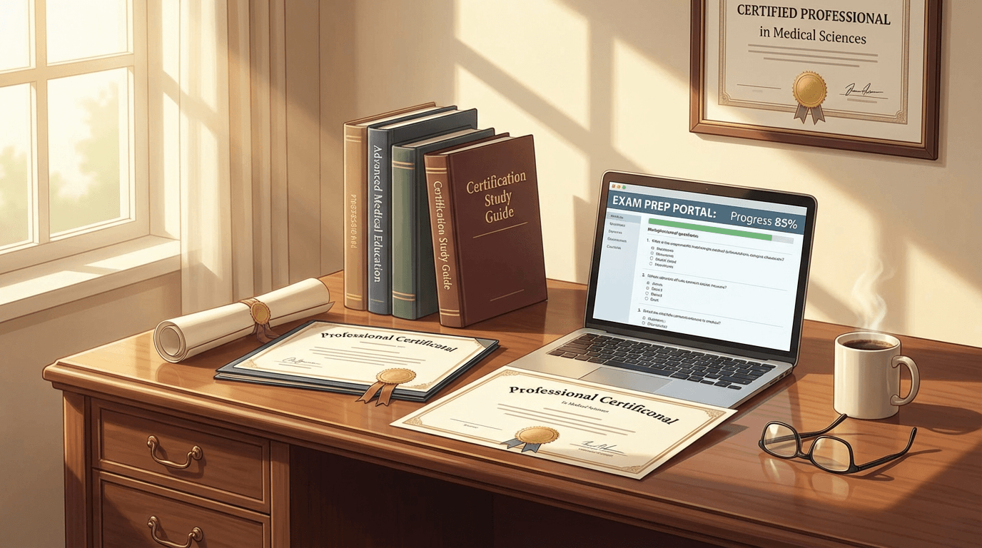 Conceptual illustration of certification credentials and study materials on a polished desk with a framed certification on the wall and morning light streaming in