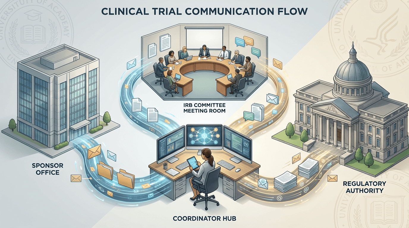 Conceptual illustration of a coordinator at the center of a communication network with pathways to sponsor, IRB, and regulatory authority