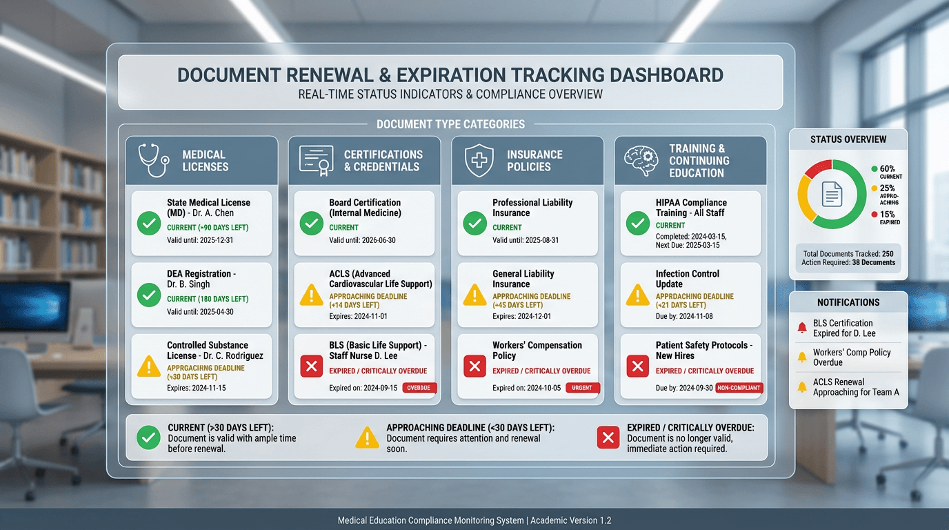 Expiration tracking dashboard with color-coded status indicators showing green for current documents, yellow for approaching deadlines, and red for expired or critically overdue document types