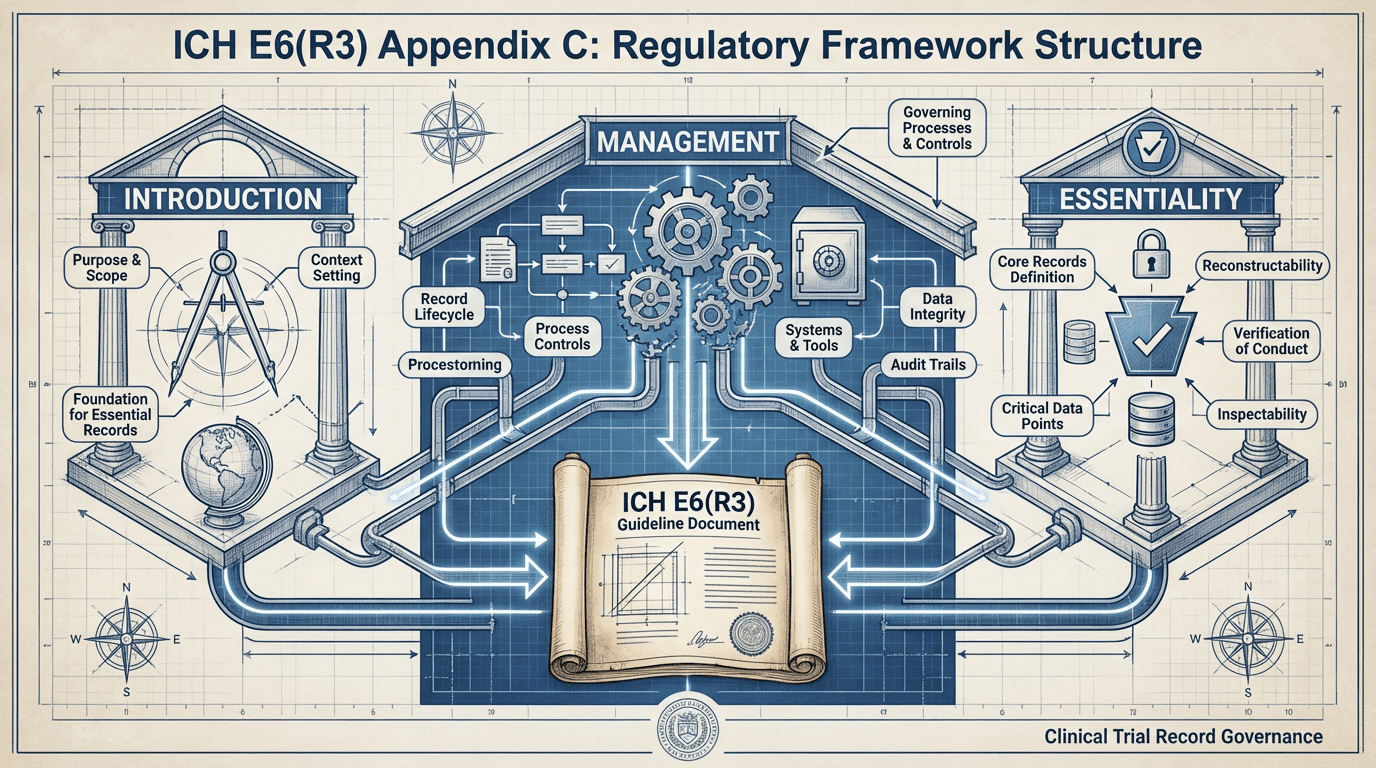 Architectural blueprint-style diagram of the ICH E6(R3) Appendix C framework showing three interconnected sections: Introduction, Management, and Essentiality, arranged as structural pillars extending from a central guideline document