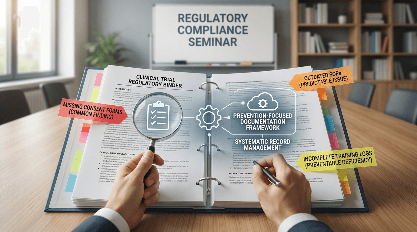 A regulatory binder being examined during an inspection, with specific sections flagged for common deficiencies. The image conveys the reality that mo