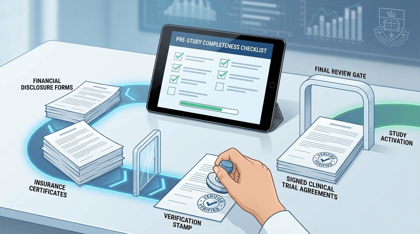 Financial disclosure forms, insurance certificates, and signed agreements being checked against a pre-study completeness checklist with verification stamps confirming each document
