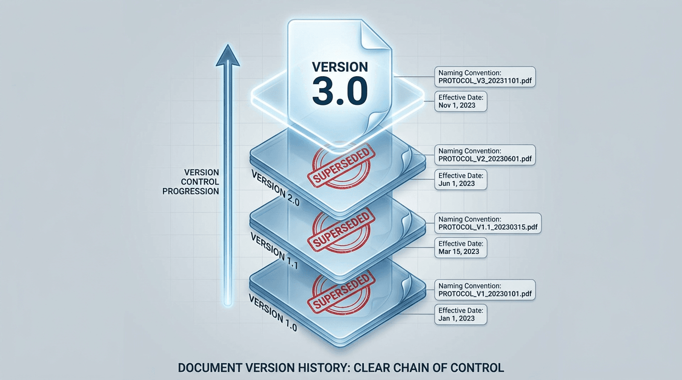 Stacked document versions showing progression with version numbers, naming conventions, and effective dates, with superseded stamps on earlier versions and the current version prominently on top
