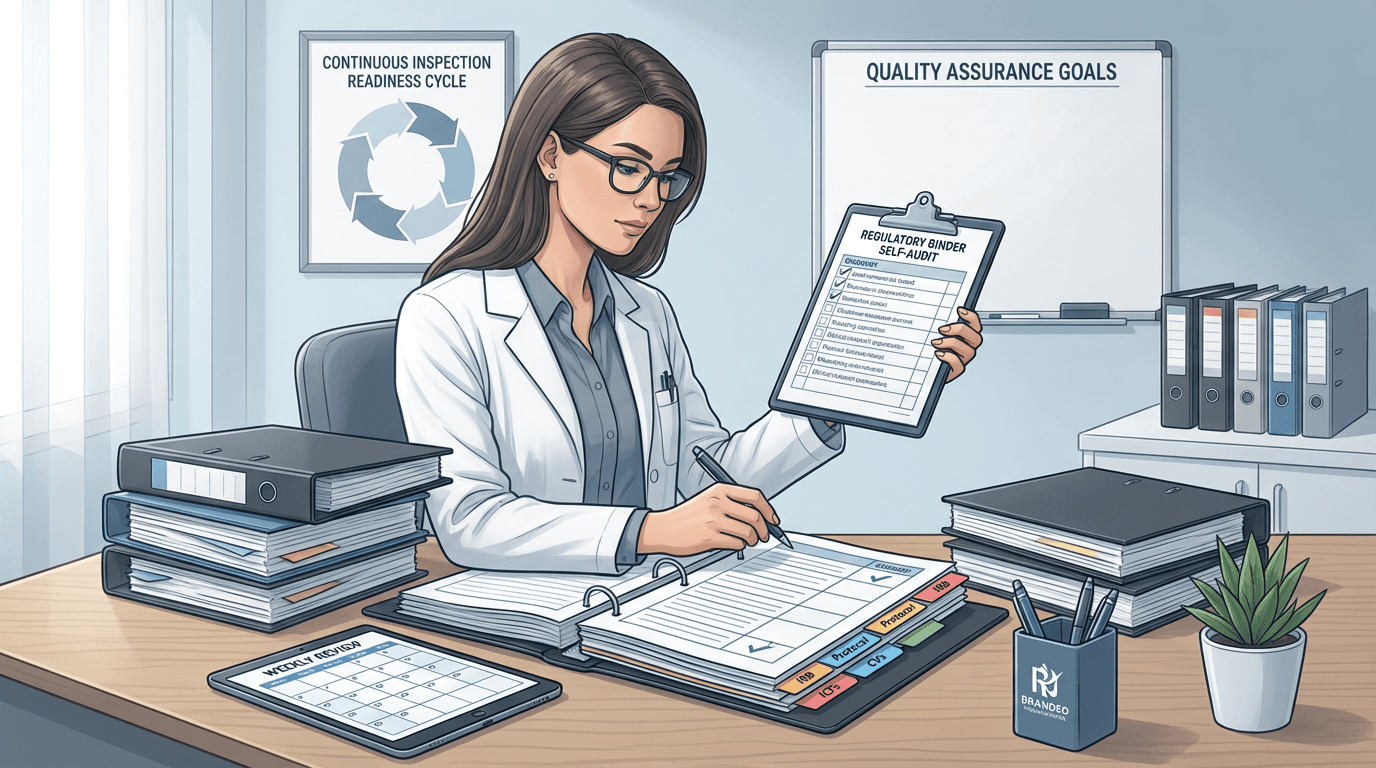 A clinical research coordinator conducting a systematic self-audit of a regulatory binder, methodically checking each section with a structured checkl