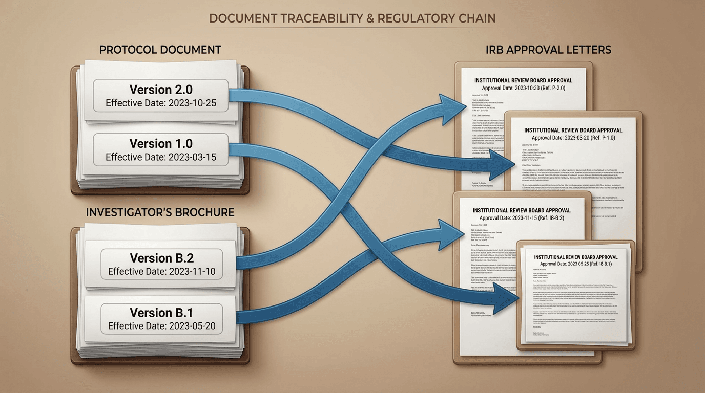 Protocol document and Investigator's Brochure with version numbers and cross-reference arrows connecting each version to its corresponding IRB approval letter