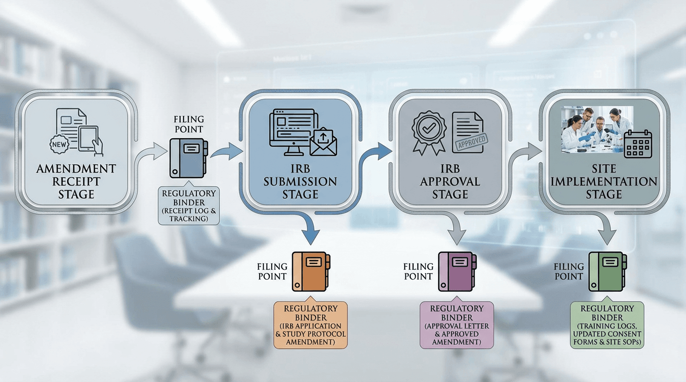 Flowchart depicting the amendment lifecycle from receipt through IRB approval to site implementation, with highlighted filing points showing where documents enter the regulatory binder at each stage