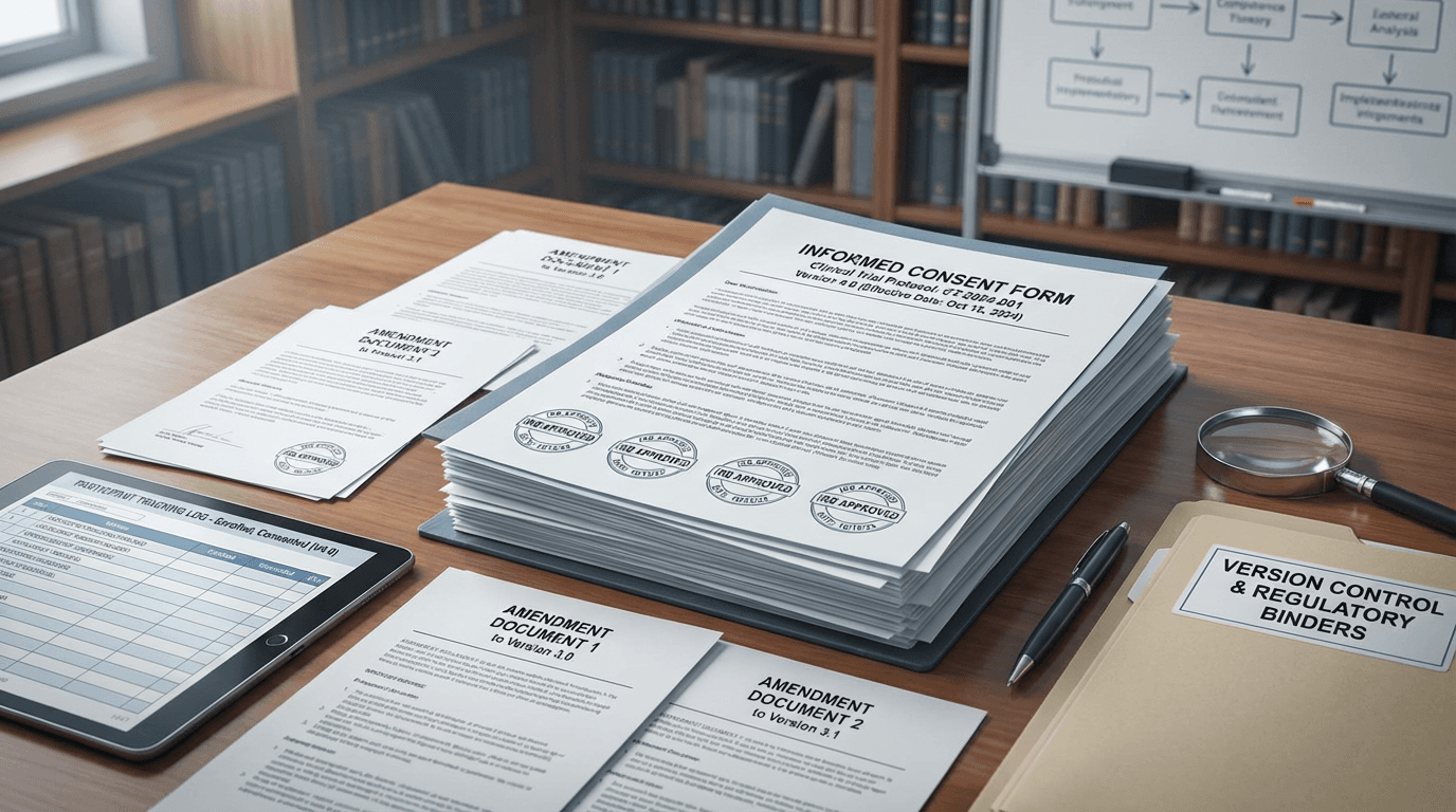An informed consent form with version numbers and approval stamps, surrounded by amendment documents and participant tracking records. The image conve