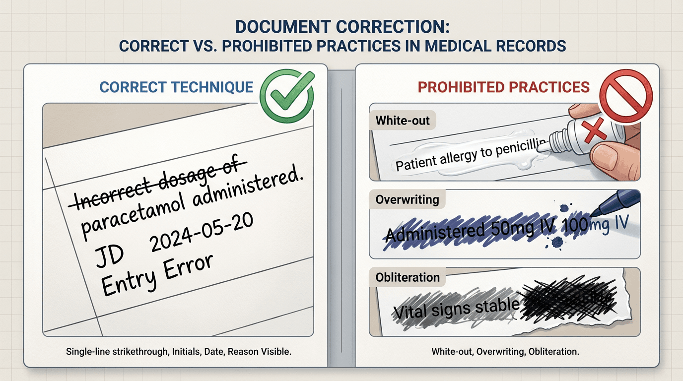 Side-by-side comparison of correct document correction showing single-line strikethrough with initials and date versus prohibited practices including white-out and overwriting, with approval and prohibition symbols