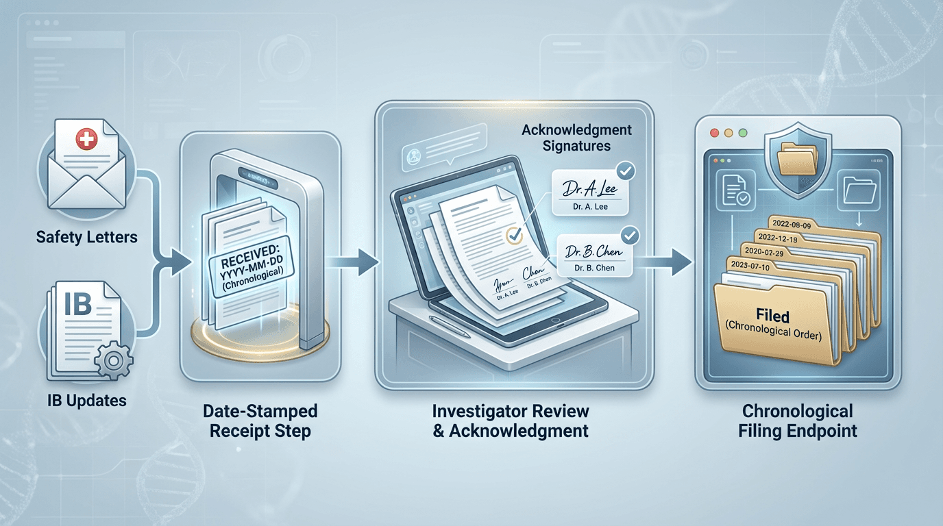 Flowchart showing safety letters and IB updates flowing through a receipt-route-file workflow with date-stamped receipt, investigator acknowledgment, and chronological filing steps