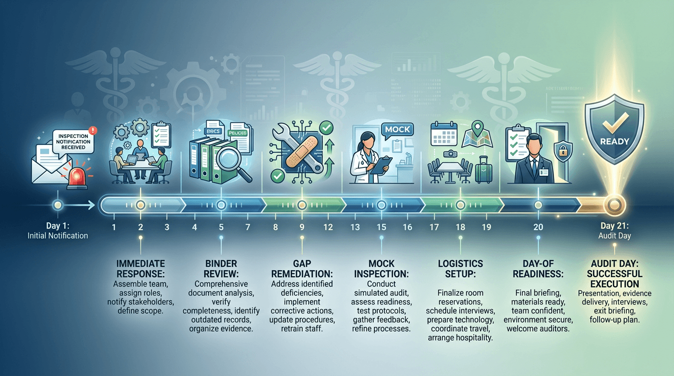 Twenty-one-day countdown preparation timeline from inspection notification through audit day, with key preparation phases including binder review, gap remediation, mock inspection, and day-of readiness marked along the timeline