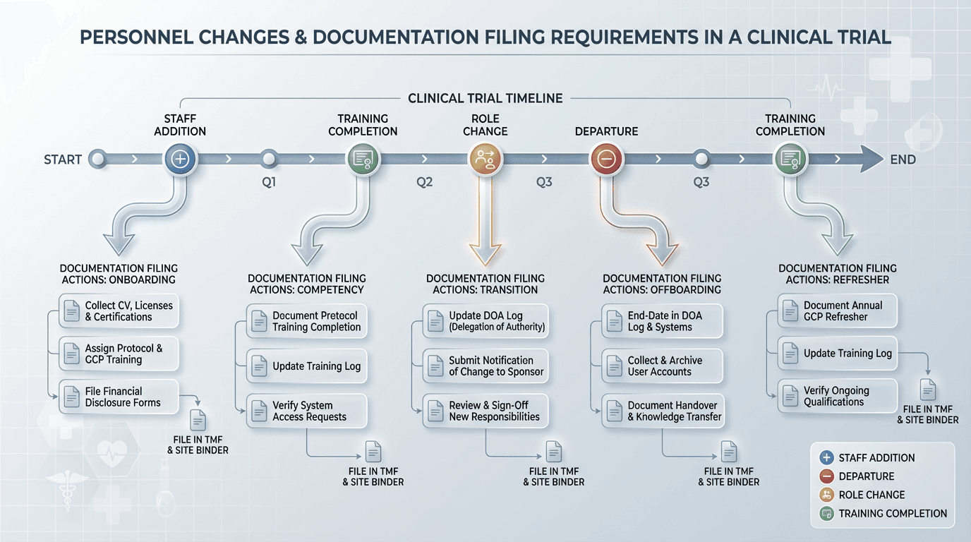 Trial timeline showing personnel changes including staff additions, departures, and training events, with corresponding documentation filing points branching downward at each change event