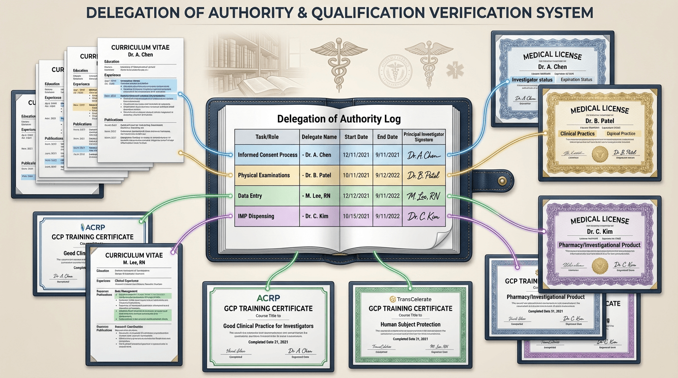 Delegation of authority log surrounded by supporting qualification documents including CVs, medical licenses, and training certificates, with verification lines connecting delegated tasks to their authorizing credentials