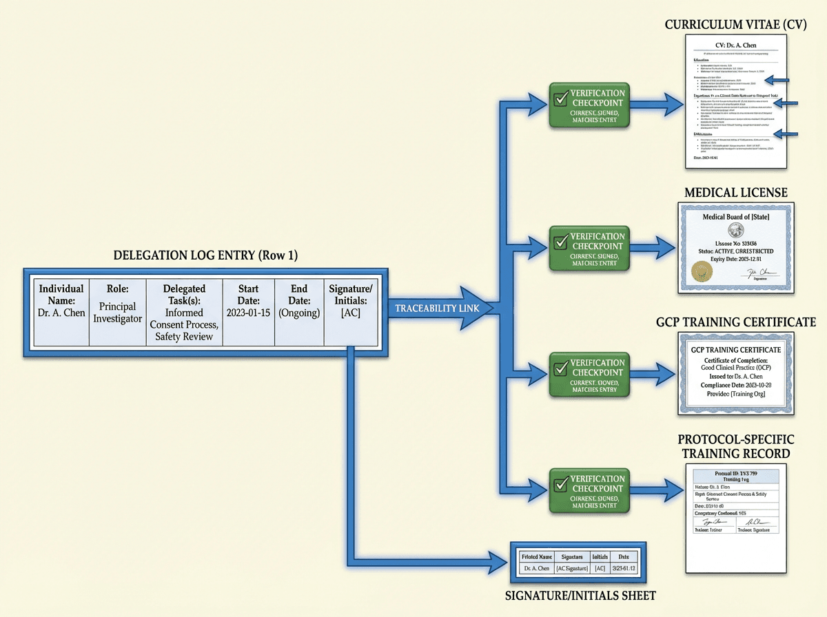 Diagram showing a single delegation log entry connected by verification arrows to four supporting qualification documents: curriculum vitae, medical license, GCP training certificate, and protocol-specific training record. Each connection passes through a verification checkpoint confirming currency and relevance. A signature and initials sheet entry completes the traceability chain for the same individual.